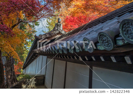 Kyoto Japan, autumn leaves with traditional Japanese roof tiles Kyoto Japan, autumn leaves with traditional Japanese roof tiles 142822346