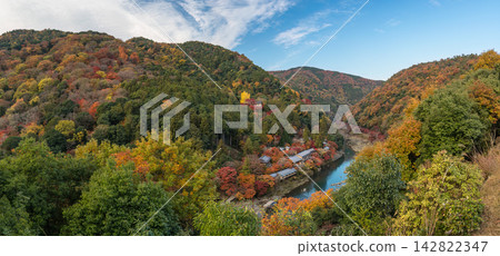 Kyoto Japan, panorama at Arashiyama mountain and Katsura River in autumn season Kyoto Japan, panorama at Arashiyama mountain and Katsura River in autumn season 142822347