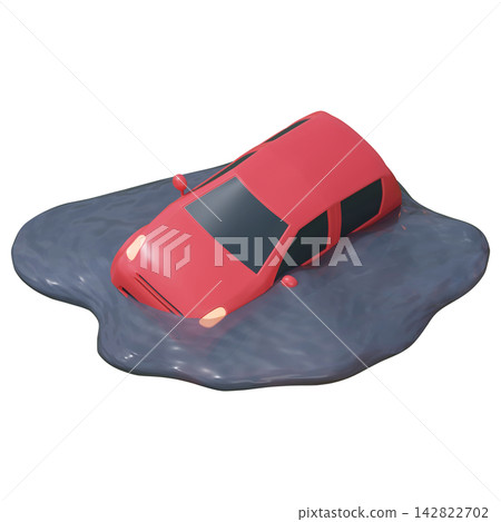 3D CG | 一輛紅色私家車因暴雨、洪水和海嘯而被淹沒在水中。 3D CG | 一輛紅色私家車因暴雨、洪水和海嘯而被淹沒在水中。 142822702