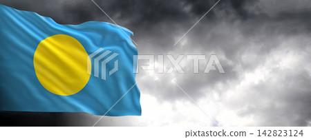 Palau Flag Waving Against Dark Cloudy Sky Palau Flag Waving Against Dark Cloudy Sky 142823124