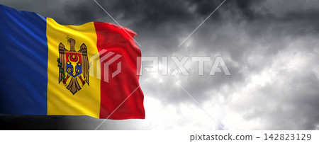 Moldova Flag Waving Against Dark Cloudy Sky Moldova Flag Waving Against Dark Cloudy Sky 142823129