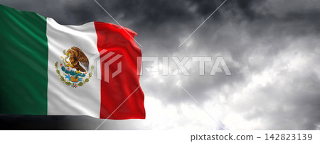 Mexico Flag Waving Against Dark Cloudy Sky Mexico Flag Waving Against Dark Cloudy Sky 142823139