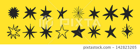 Crayon star icon set. Bright star stickers and firecracker bursts shine. Vector illustrations with grunge textures. Doodle sparkle elements in kids style Crayon star icon set. Bright star stickers and firecracker bursts shine. Vector illustrations with grunge textures. Doodle sparkle elements in kids style 142823205