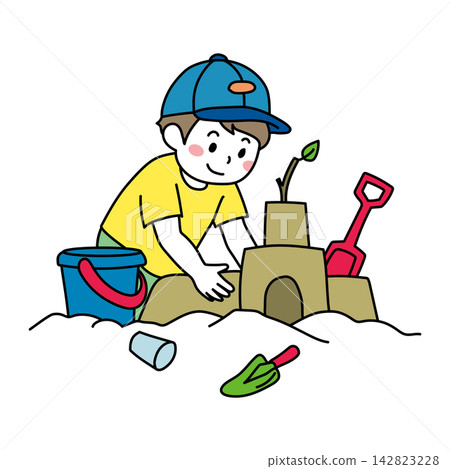 An illustration of a boy playing in a sandbox. 142823228