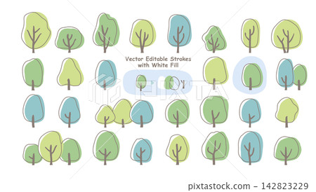 Simple, hand-drawn tree illustration set in refreshing green tones (with white base coloring). Simple, hand-drawn tree illustration set in refreshing green tones (with white base coloring). 142823229