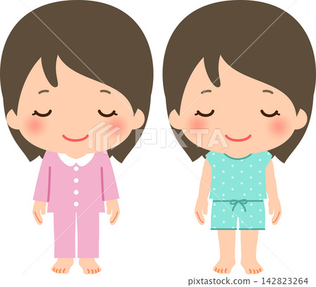 A woman wearing long-sleeved pajamas and a woman wearing French-sleeved pajamas A woman wearing long-sleeved pajamas and a woman wearing French-sleeved pajamas 142823264
