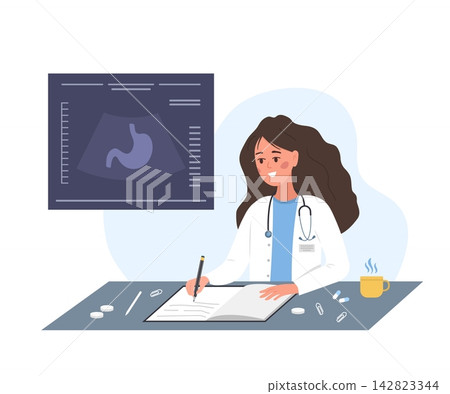 Gastroenterologist concept. Internal organ scan or physical exam result. Gastrointestinal tract diseases. Human stomach. Flat vector illustration 142823344