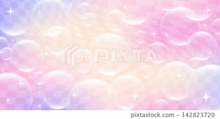 Soap bubbles on pink abstract background with soft gradient and transparent checkered texture. Vector pastel dreamy iridescent Y2k backdrop for modern banner design Soap bubbles on pink abstract background with soft gradient and transparent checkered texture. Vector pastel dreamy iridescent Y2k backdrop for modern banner design 142823720