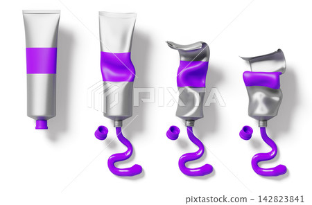 Purple acrylic paint 3d tubes, sequence squeezed from full to empty. Closed and open metal containers with bright color oil dye samples. Isolated artist stain swatches, art supplies. 3D illustration Purple acrylic paint 3d tubes, sequence squeezed from full to empty. Closed and open metal containers with bright color oil dye samples. Isolated artist stain swatches, art supplies. 3D illustration 142823841