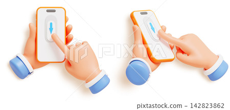 3D set of hands holding orange smartphone, finger clicking download and tap down arrow button. Businessman character scrolls page in mobile app interface, front and angle view render. 3D illustration 3D set of hands holding orange smartphone, finger clicking download and tap down arrow button. Businessman character scrolls page in mobile app interface, front and angle view render. 3D illustration 142823862