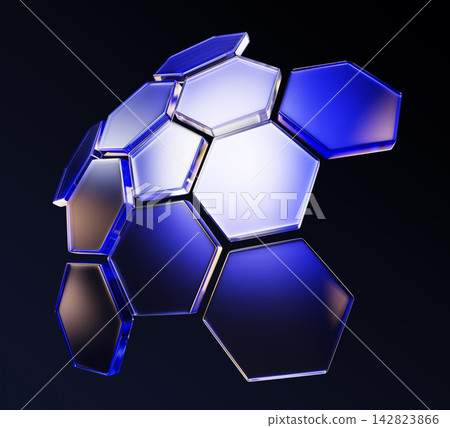 Neon circle protect shield with glass hexagon pattern in blue and gold gradient. Futuristic 3D honeycomb structure, round cover dome, crystal hologram barrier with transparency effect. 3D illustration 142823866