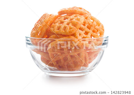Crunchy Cheese Waffle Chips in a Glass Bowl - Savory Snack for Parties and Appetizers Crunchy Cheese Waffle Chips in a Glass Bowl - Savory Snack for Parties and Appetizers 142823948