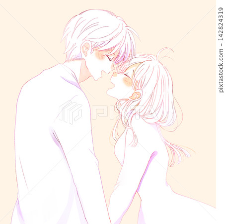 一幅線條畫，畫中一對面帶著笑容的男女面對面站著。 142824319