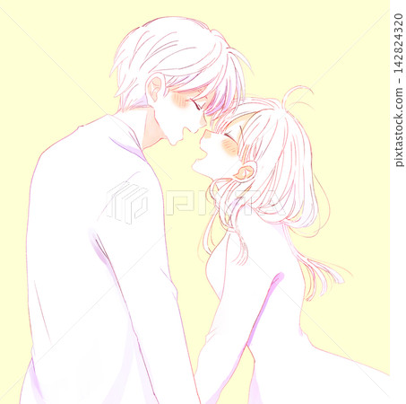 A line drawing of a happy-looking man and woman facing each other. 142824320