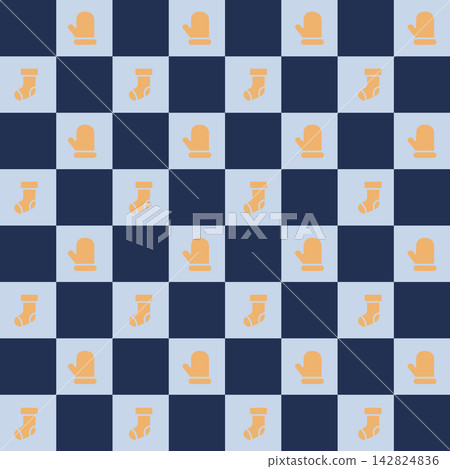 Cute orange winter mittens and socks repeating pattern on a dark and light blue checkered grid bg 142824836
