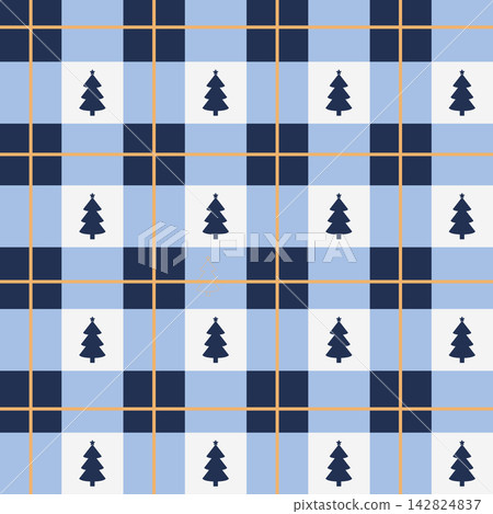 Christmas tartan plaid pattern in blue and white with dark pine silhouettes and subtle gold lines Christmas tartan plaid pattern in blue and white with dark pine silhouettes and subtle gold lines 142824837