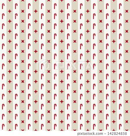 Red Candy Cane and Star Christmas Geometric Seamless Pattern on Neutral Striped Background Red Candy Cane and Star Christmas Geometric Seamless Pattern on Neutral Striped Background 142824838