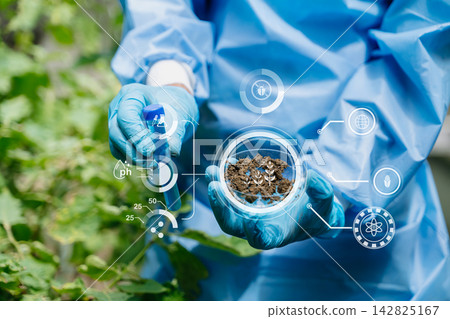 Agronomist in a protective suit testing soil samples. Smart farming HUD interface analyzing crop data, biotechnology Agronomist in a protective suit testing soil samples. Smart farming HUD interface analyzing crop data, biotechnology 142825167