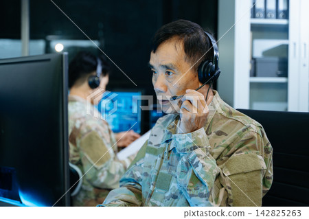 Veteran military officer in camouflage uniform uses a headset and multi-monitor setup to monitor tactical cybersecurity data Veteran military officer in camouflage uniform uses a headset and multi-monitor setup to monitor tactical cybersecurity data 142825263