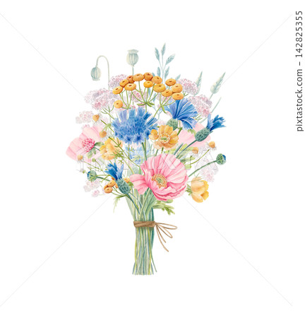 Hand drawn watercolor bouquet of pink poppy flowers, blue cornflowers, buttercups, chamomile, tansy and yarrow tied with twine. Isolated meadow wildflower composition for floral and stationery design. Hand drawn watercolor bouquet of pink poppy flowers, blue cornflowers, buttercups, chamomile, tansy and yarrow tied with twine. Isolated meadow wildflower composition for floral and stationery design. 142825355