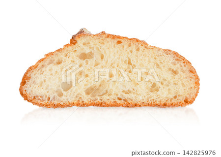Cross-section of a freshly baked loaf of bread showcasing a light golden crust and soft, airy interior with visible texture and crumb structure on a white background 142825976
