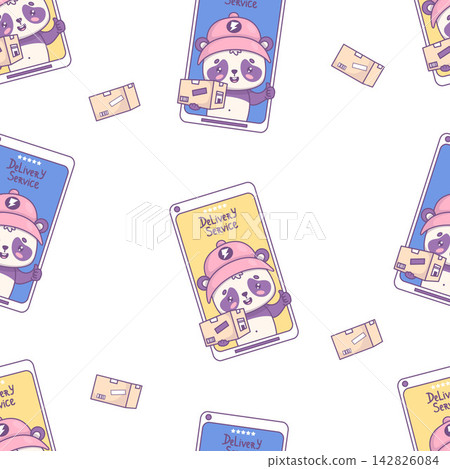 Kawaii Panda Courier on Phone Screen Seamless Pattern. Delivery Service Showing 5 Stars Rating. Smiling Bear Mascot Character with Parcel Box and Thumbs Up on White Background. Vector Illustration. Kawaii Panda Courier on Phone Screen Seamless Pattern. Delivery Service Showing 5 Stars Rating. Smiling Bear Mascot Character with Parcel Box and Thumbs Up on White Background. Vector Illustration. 142826084