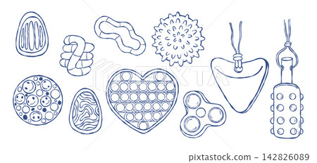 Sensory Fidget Toy Set. Outline Pop It Heart, Spiky Ball, Spinner and Tactile Pad. Anti Stress Calming Tool for Kids, Adults Attention Focus, ADHD Autism. Isolated Blue Line Art. Vector Illustration. Sensory Fidget Toy Set. Outline Pop It Heart, Spiky Ball, Spinner and Tactile Pad. Anti Stress Calming Tool for Kids, Adults Attention Focus, ADHD Autism. Isolated Blue Line Art. Vector Illustration. 142826089
