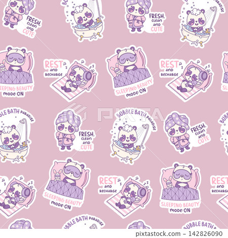 Seamless Pattern With Cute Panda Stickers. Kawaii Self-Care Cartoon Bear, Relaxing Animal In Bathrobe, Towel And Headphones on Pink Background. Hygiene And Wellness Routine. Vector Illustration. 142826090