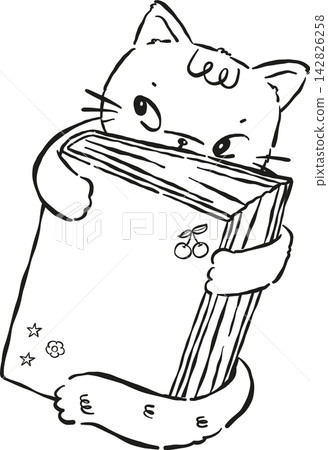 Cat Bookish Outline Hugging a Book Hand drawn Illustration 142826258