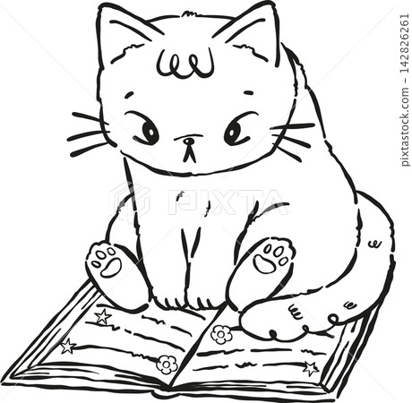 Cat Bookish Outline Reading Book Hand drawn Illustration Cat Bookish Outline Reading Book Hand drawn Illustration 142826261