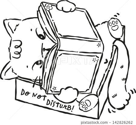 Cat Bookish Outline Reading Book in Box Hand drawn Illustration, Do not distrub Cat Bookish Outline Reading Book in Box Hand drawn Illustration, Do not distrub 142826262