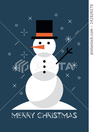 Merry Christmas greeting card with minimalist geometric snowman and snowfall modern retro style on navy blue background vertical template Merry Christmas greeting card with minimalist geometric snowman and snowfall modern retro style on navy blue background vertical template 142826278