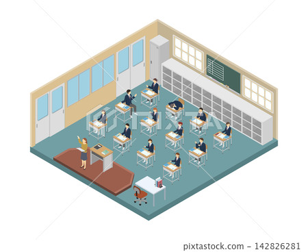 Isometric illustration: Classroom during lesson (high school students in winter uniforms) Isometric illustration: Classroom during lesson (high school students in winter uniforms) 142826281
