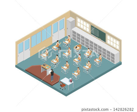 Isometric illustration: Classroom during lesson (high school students in summer uniforms) Isometric illustration: Classroom during lesson (high school students in summer uniforms) 142826282