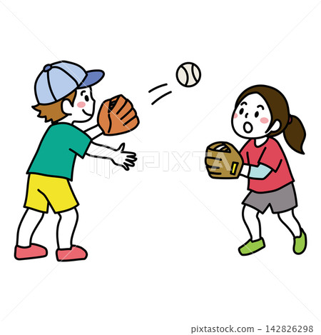 一個男孩和女孩戴著棒球手套玩接球遊戲的插圖。 一個男孩和女孩戴著棒球手套玩接球遊戲的插圖。 142826298