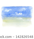 Watercolor bright blue sky with fluffy white clouds over a sandy horizon 142826548
