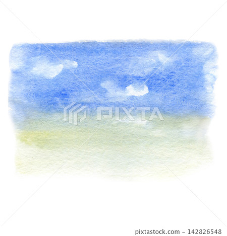 Watercolor bright blue sky with fluffy white clouds over a sandy horizon Watercolor bright blue sky with fluffy white clouds over a sandy horizon 142826548