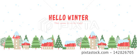 A horizontal winter frame depicting a cityscape with red roofs against a snowy white background. 142826705