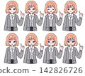 Office casual outfit for women (cardigan): A set of variations in facial expressions and poses. 142826726