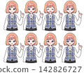 A set of variations in facial expressions and poses for a woman in an office uniform (checkered vest). 142826727