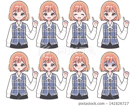 A set of variations in facial expressions and poses for a woman in an office uniform (checkered vest). A set of variations in facial expressions and poses for a woman in an office uniform (checkered vest). 142826727
