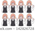 A set of variations in facial expressions and poses for a woman in a black office uniform (vest). 142826728