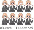 A set of variations in facial expressions and poses for a woman in a business suit (pleated blouse). 142826729