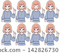 A set of variations on facial expressions and poses for a woman in a formal dress (blue). 142826730