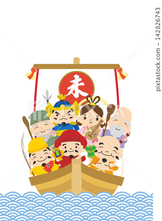 2027 Year of the Sheep Vertical Seven Lucky Gods Treasure Ship New Year's Card 04 / No Text 142826743