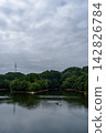 Lake surface reflecting fluffy clouds; Nunome Dam; 35mm; blank copy space at the top; vertical composition; transmission tower on the left; suitable for B0 poster. 142826784