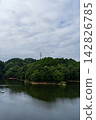 Blue sky between clouds and the lake surface reflecting the sky; Nunome Dam; 35mm; Copy space above; Vertical composition; Transmission tower in the center; Suitable for B0 poster. 142826785
