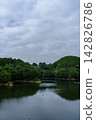 Blue sky between clouds and the lake surface reflecting the sky; Nunome Dam; 35mm; blank copy space at the top; vertical composition; no transmission towers; suitable for B0 poster. 142826786