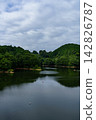 Blue sky between clouds and the lake surface reflecting the sky; Nunome Dam; 35mm; blank copy space at the top; vertical composition, center of opposite shore; suitable for B0 poster. 142826787