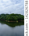 Blue sky between clouds and the opposite shore jutting out over the lake - Nunome Dam - 35mm - Copy space above - Vertical composition with transmission tower - Suitable for B0 poster 142826788